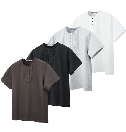 Five-Button Henley TShirt – Loose Fit in four colors including black, grey, white, and dark grey.