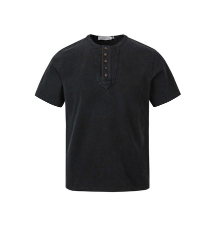 Five-Button Henley TShirt – Loose Fit in black with a classic round neckline and five-button placket.