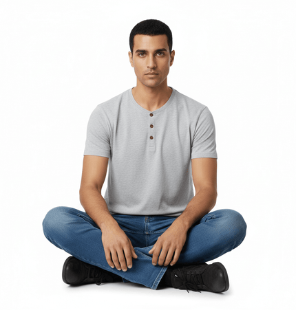 Five-Button Henley TShirt – Loose Fit modeled by a man sitting cross-legged in casual style.
