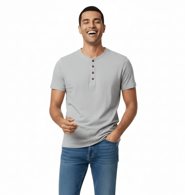 Five-Button Henley TShirt – Loose Fit worn by a smiling man, showcasing a grey short-sleeve design.