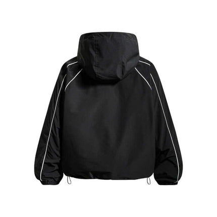Retro Hooded Zip Jacket – Loose Fit back view with hood and stylish design in black color.
