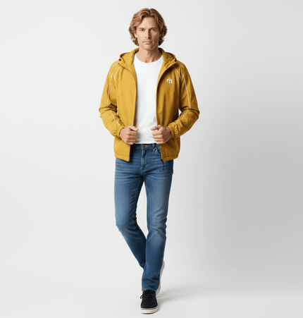 Retro Hooded Zip Jacket – Loose Fit worn by a man in a casual outfit with jeans and a white shirt.
