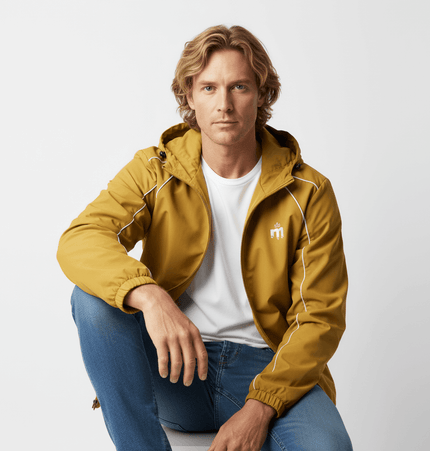 Retro Hooded Zip Jacket – Loose Fit worn by a man in a stylish yellow design, perfect for casual street fashion.