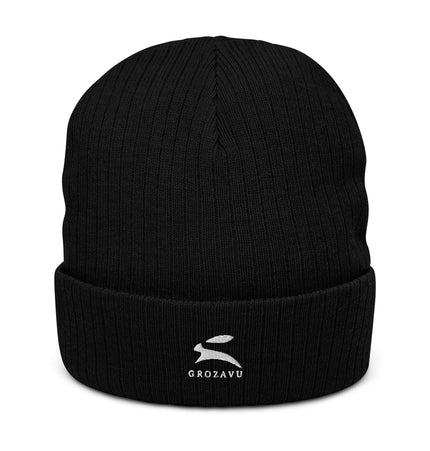 Ribbed knit beanie in black by Grozavu, featuring a stylish cuffed design, perfect for all head sizes.