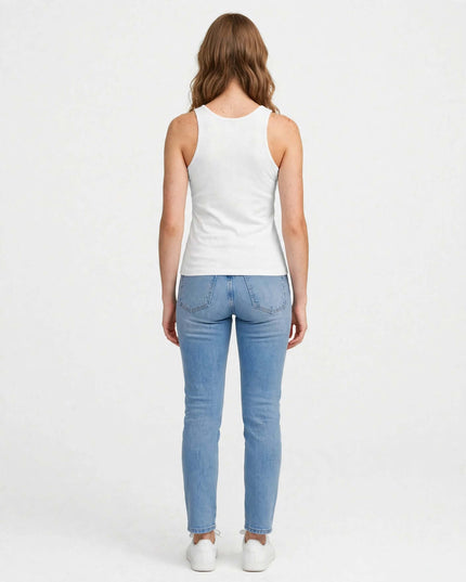 Back view of the white 142 g/m² side-seamed tank top
