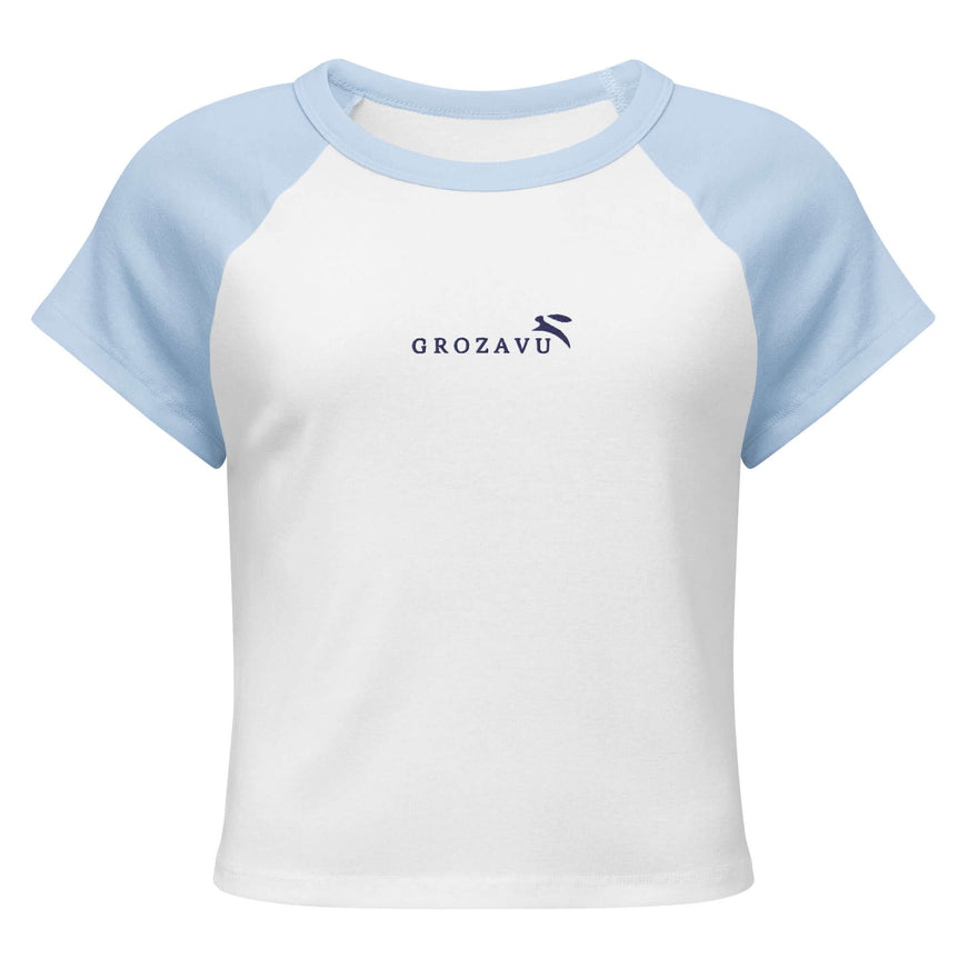 White/Navy fitted ribbed crop top with Grozavu logo