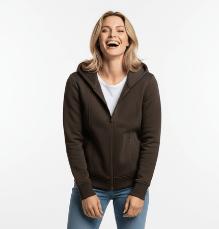 Splicing Zipper Velvet Hoodie Jacket model wearing dark hoodie and smiling, showcasing stylish street fashion.