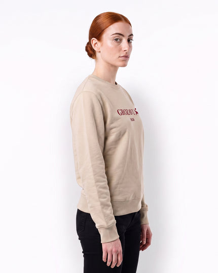 Front full-body fashion lookbook of GROZAVU SS26 Beige Crewneck Sweatshirt worn by model Sienna