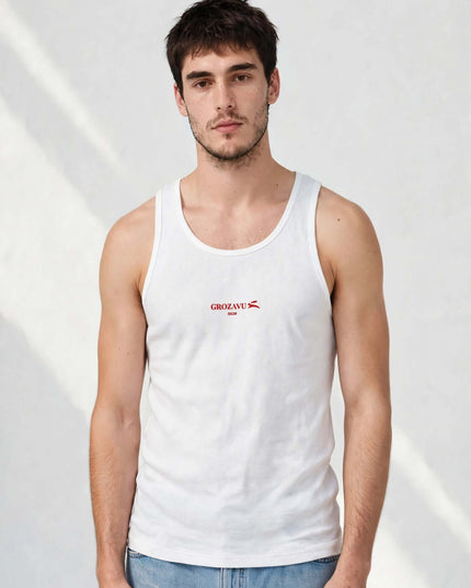 Studio shot of the white combed ring-spun cotton tank top