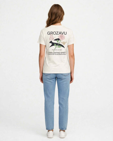 Back view of the undyed Natural straight-cut cotton tee