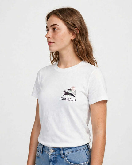Side profile of the White straight-cut tee with set-in sleeves