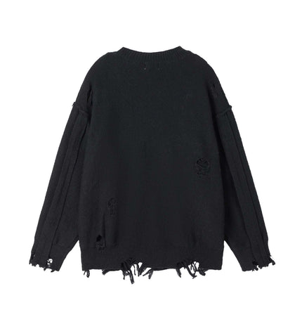 Back view of the Street Tide Thick Knit Sweater – Loose Fit with distressed details in black.