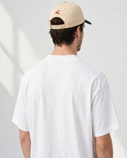 Back view of the beige mid-profile structured five-panel cap