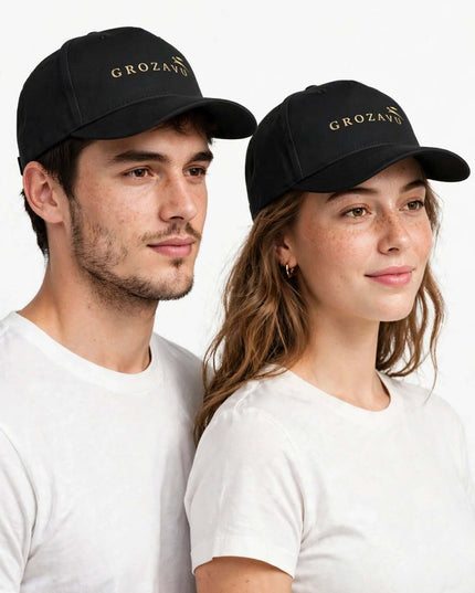Two models wearing the black cotton twill snapback cap