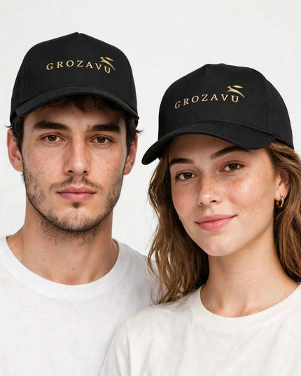 Black structured snapback cap in cotton twill, studio shot