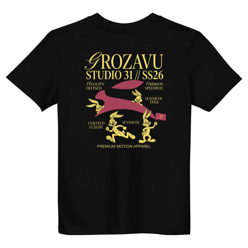 Grozavu kids organic tee in black 155 g/m² cotton, studio back view