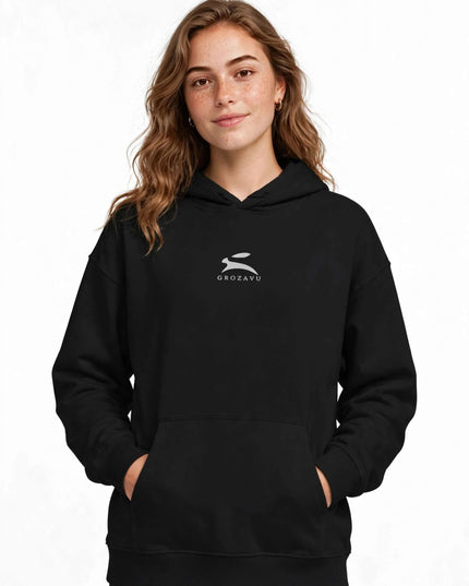 Black 350 g/m² organic cotton hoodie with suede finish, front view