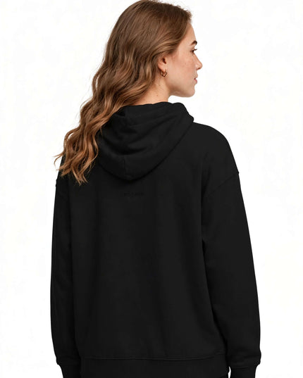 Back view of the black 350 g/m² suede-finish hoodie