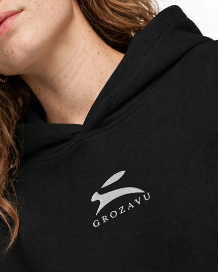Embroidery macro on the black suede-finish hoodie