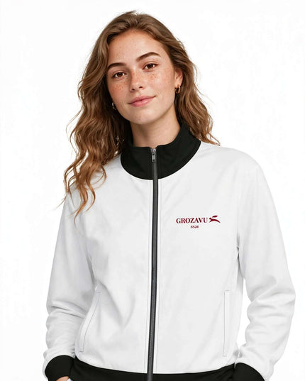 Waist-up editorial shot of the 308 g/m² recycled polyester track jacket