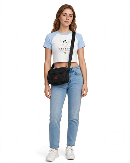 Full-body studio shot wearing the utility crossbody, 23 x 16 cm