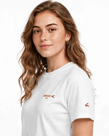 White 200 g/m² organic cotton high neck tee, relaxed front view