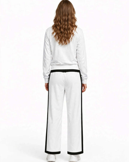 Back view showing the adjustable waist on the women's wide-leg pants