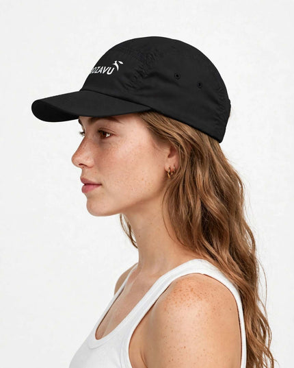 Black five-panel cap in 100% recycled nylon, worn front view
