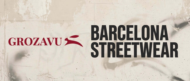 Grozavu Barcelona streetwear banner on a concrete wall
