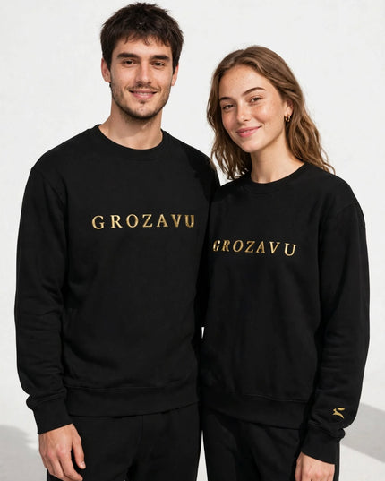 Studio shot of the black 350 g/m² organic cotton logo crewneck