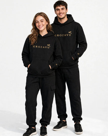 Black 280 g/m² kangaroo hoodie in organic cotton, full-body shot