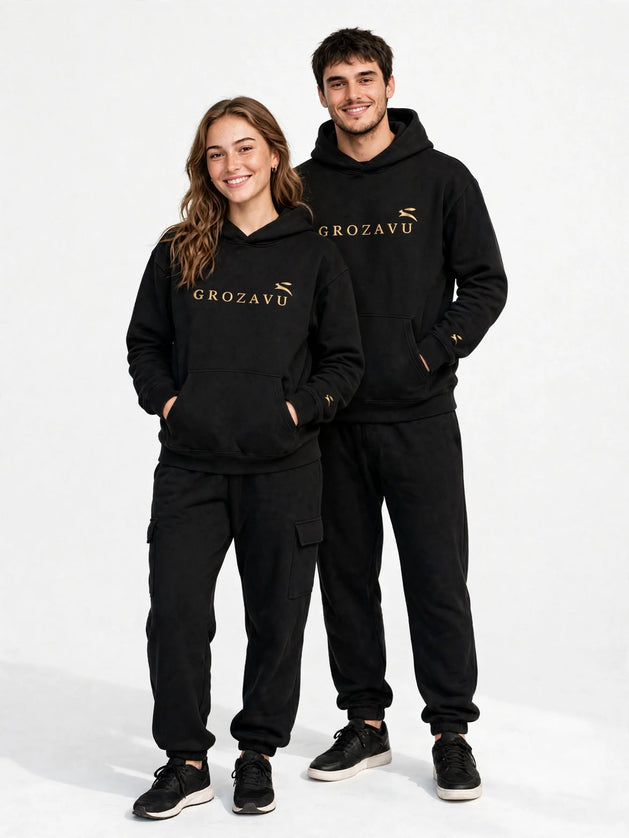Black 280 g/m² kangaroo hoodie in organic cotton, full-body shot