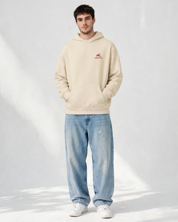 Beige mill-dyed oversized hoodie in 340 g/m² brushed fleece, full body