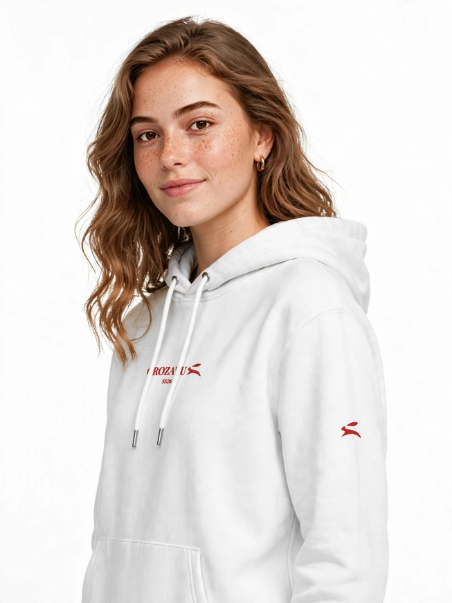 White 350 g/m² organic cotton hoodie with metal eyelets, studio shot