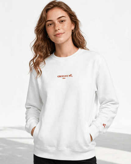 Lookbook shot of the white mid-weight organic crewneck