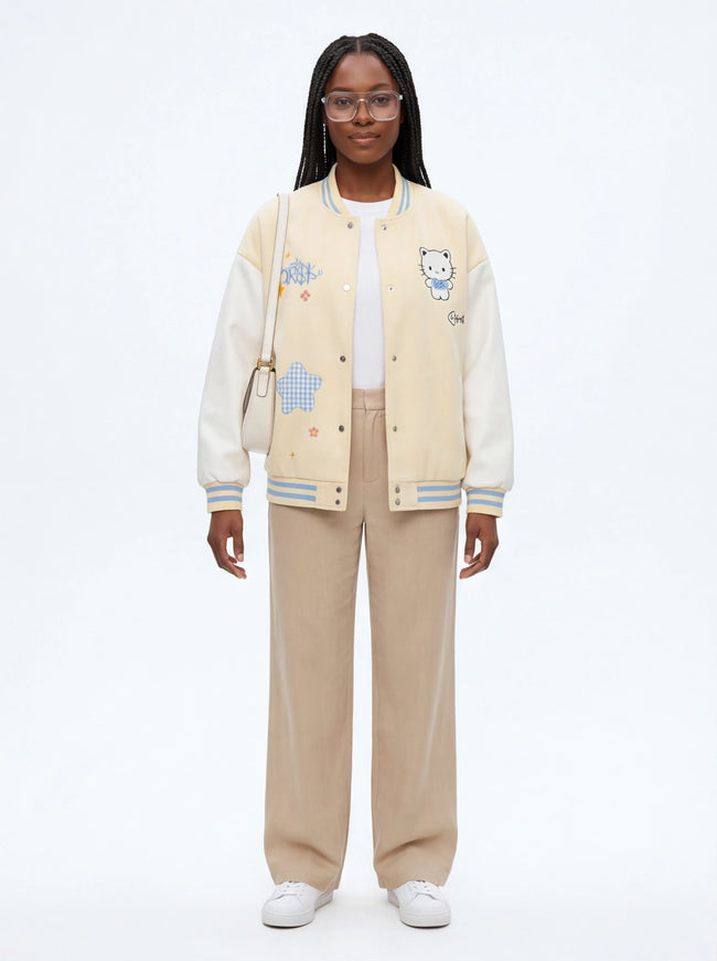 Giacca da baseball carina con ricamo di gatto must-have