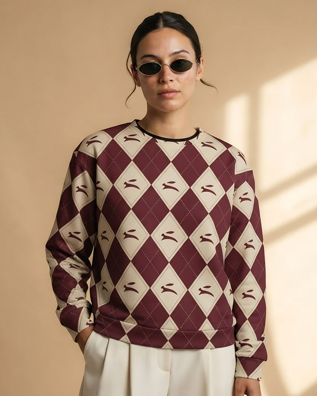 Model wearing the Hare Argyle Sweatshirt in Bordeaux, front view