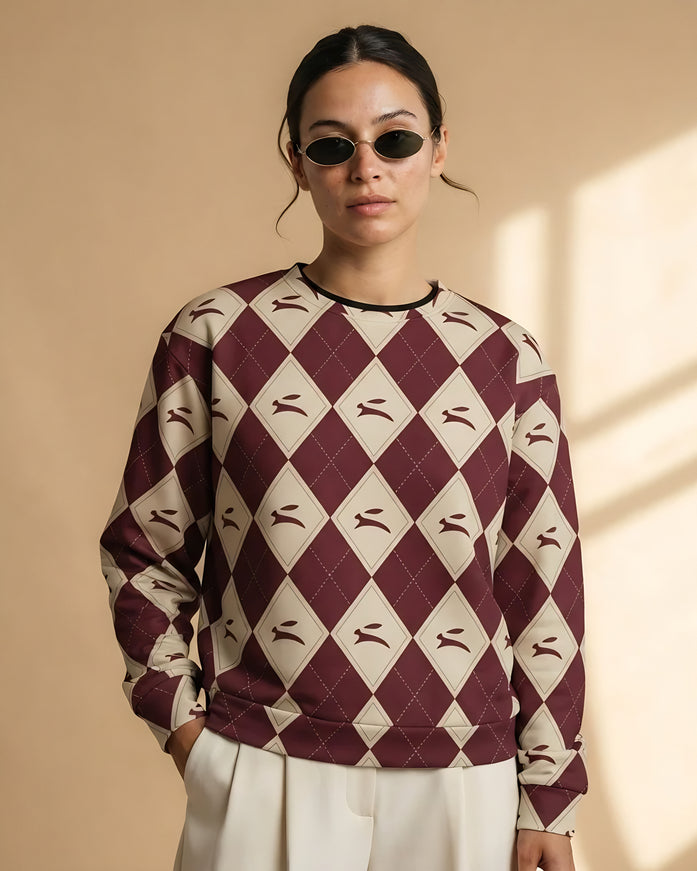 Model wearing the Hare Argyle Sweatshirt in Bordeaux, front view