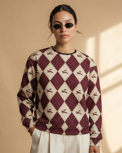 Model wearing the Hare Argyle Sweatshirt in Bordeaux, front view