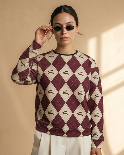 Hare Argyle Sweatshirt in Bordeaux on a model, studio portrait with sunglasses