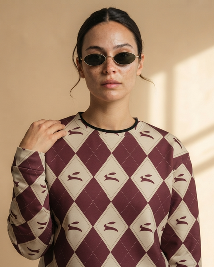 Close-up of the hare argyle print on the Hare Argyle Sweatshirt in Bordeaux, worn by the model