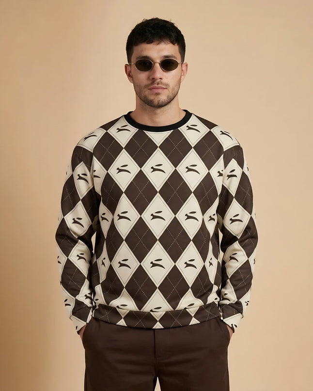 Model wearing the Hare Argyle Sweatshirt in Cocoa, front view