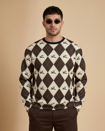 Model wearing the Hare Argyle Sweatshirt in Cocoa, front view