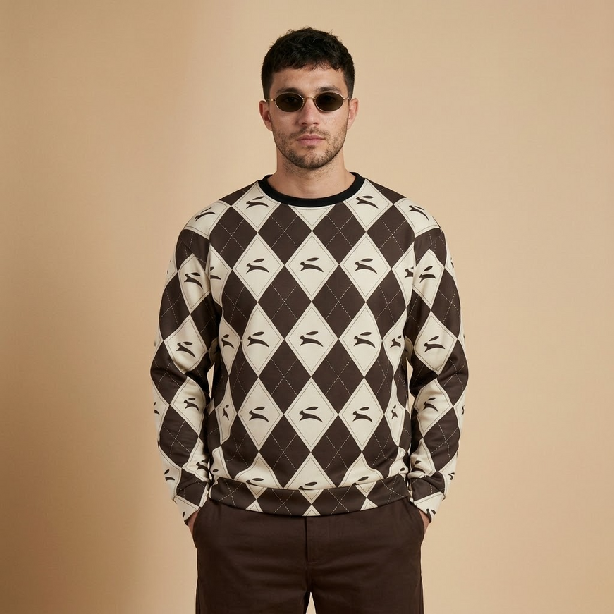 Model wearing the Hare Argyle Sweatshirt in Cocoa, front view