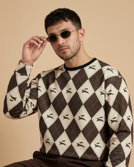 Hare Argyle Sweatshirt in Cocoa, three-quarter view on a model