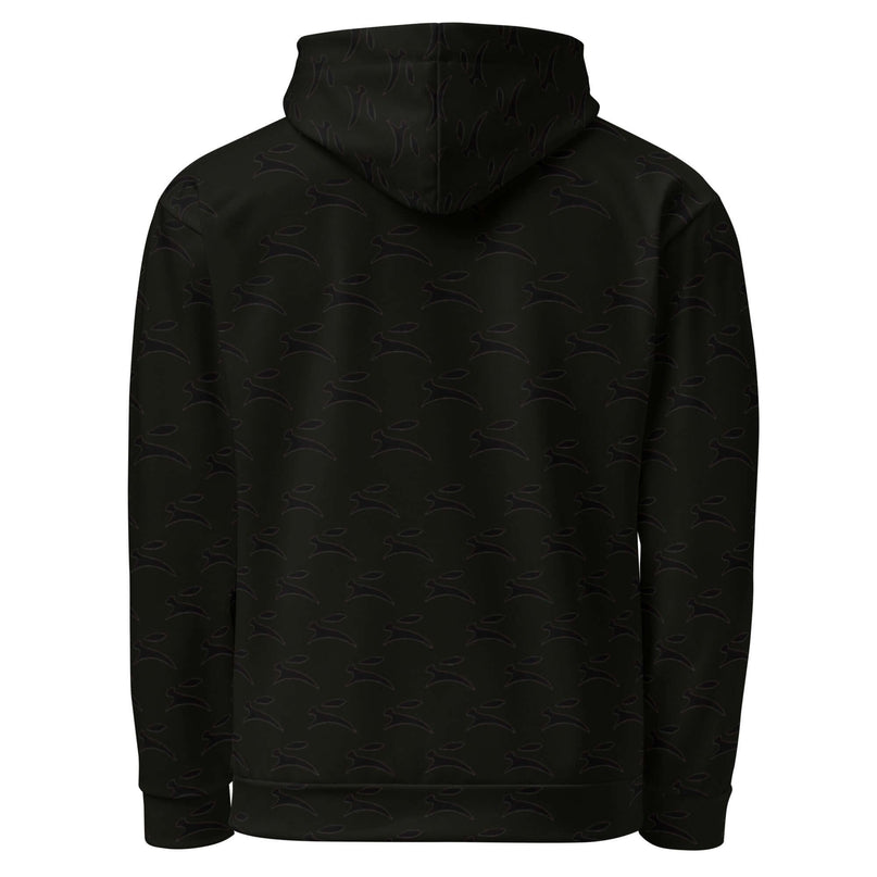Grozavu Hare hoodie in black, 265 g/m² cotton with all-over hare print, back view