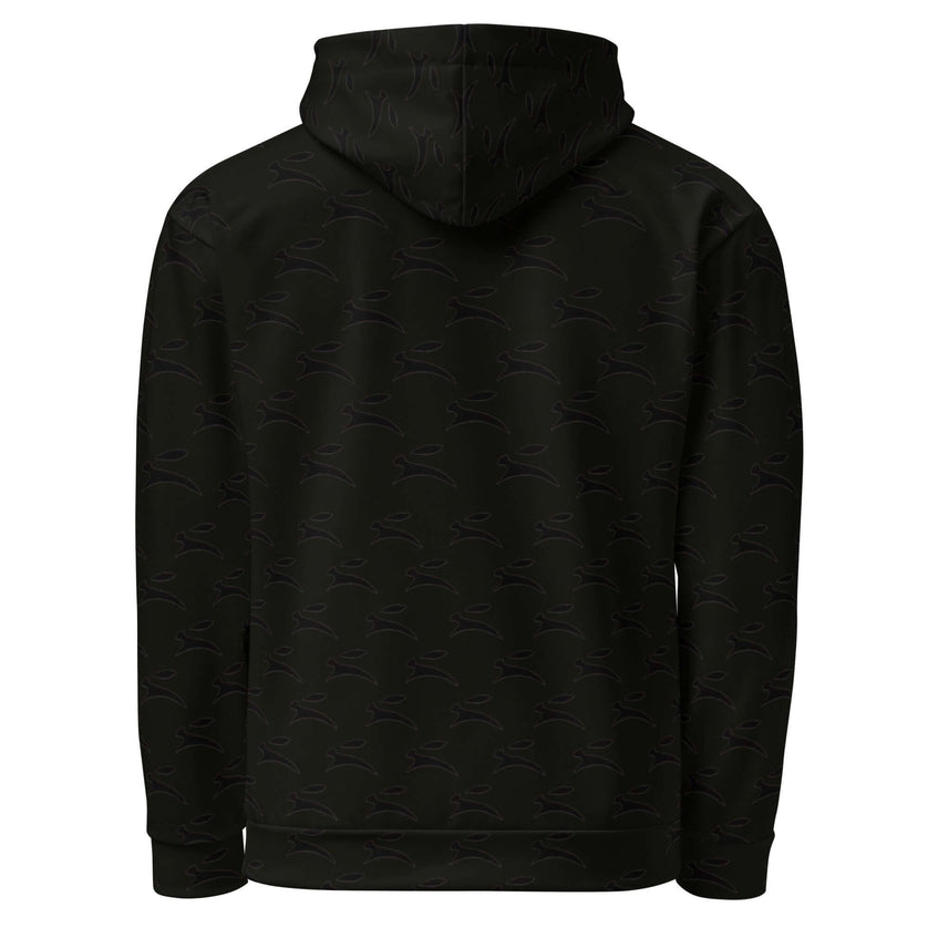 Grozavu Hare hoodie in black, 265 g/m² cotton with all-over hare print, back view