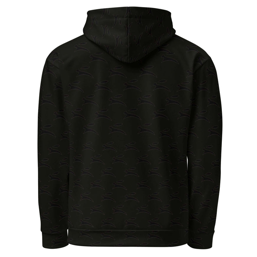 Grozavu Hare hoodie in black, 265 g/m² cotton with all-over hare print, back view