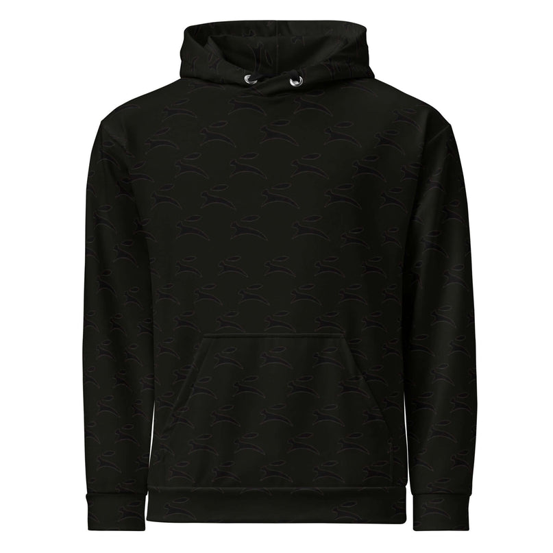 Grozavu Hare hoodie in black, 265 g/m² cotton with all-over hare print, front view