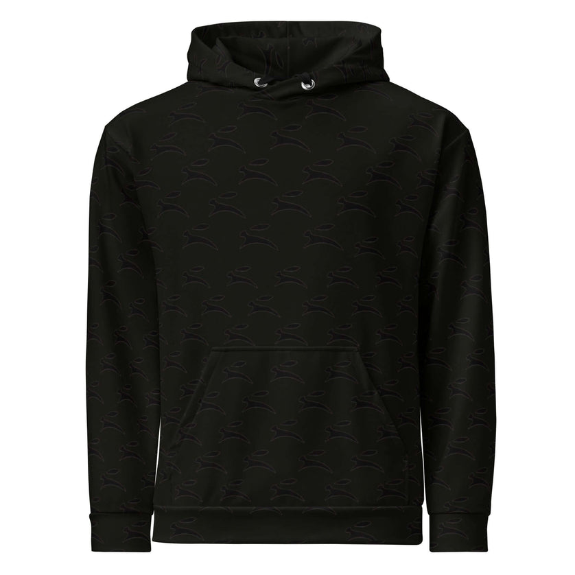 Grozavu Hare hoodie in black, 265 g/m² cotton with all-over hare print, front view